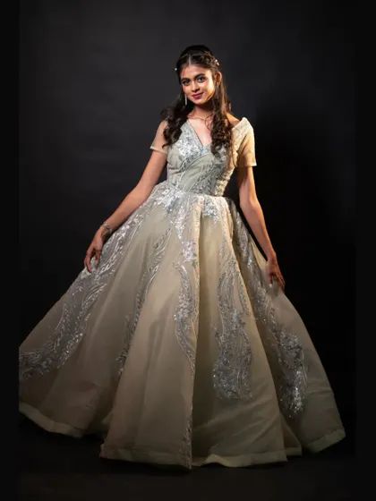 A stunning full-length view of the pista green ball gown, perfect for a grand entrance.