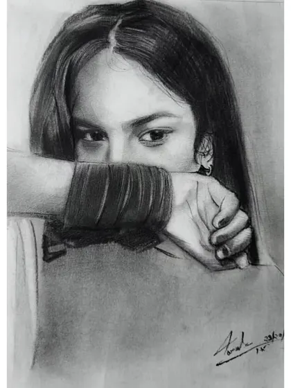An expressive portrait study done with willow charcoal. The pose, with the hand partially covering the face, creates a sense of mystery and draws attention to the intensity of the eyes.