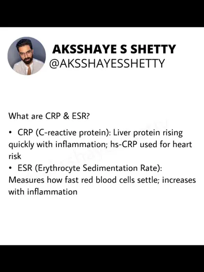 What are CRP and ESR in blood reports? They are non-specific markers of inflammation. CRP is a protein from the liver, while ESR measures how fast red blood cells settle. Both increase with inflammation.