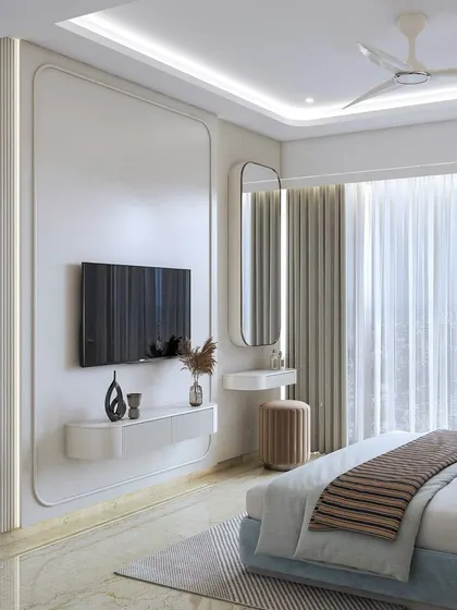 A 3D render of a master bedroom for a young couple, blending pastel hues in a New English style. The TV wall features fluted paneling and elegant wall moulding.