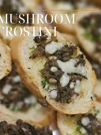 A close-up of our delicious mushroom crostini, a signature dish that is always a hit with guests.