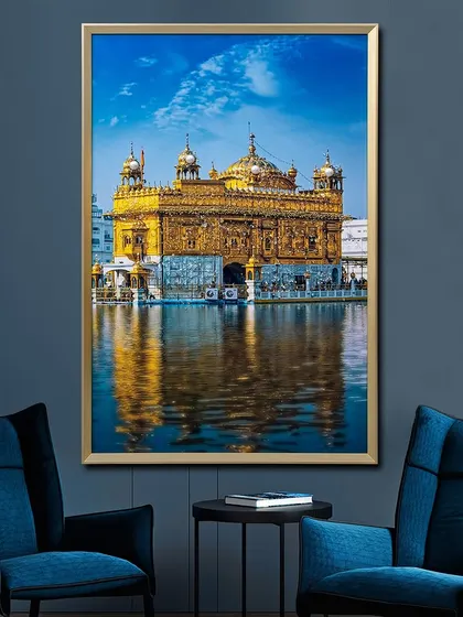 Bring the serene beauty of the Golden Temple into your home with this crystal glass painting. The reflection in the water and the vibrant blue sky are captured with stunning clarity, creating a peaceful and spiritual focal point.