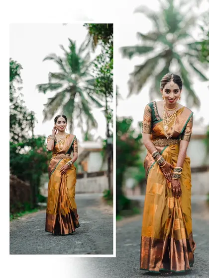 A collage of a bride's portraits, showcasing her beautiful saree and happy expressions against a backdrop of palm trees.