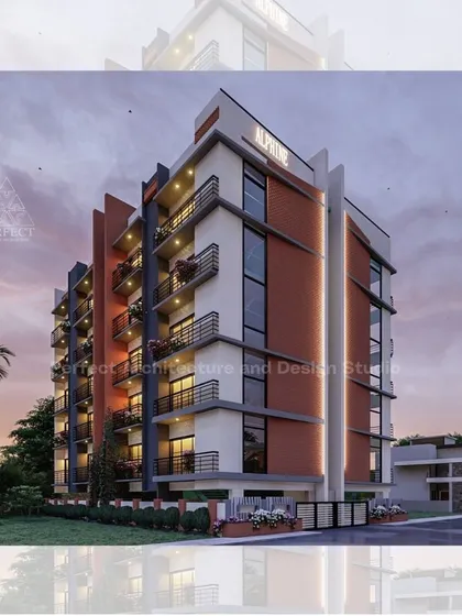 Our design for the 'Alpine' apartment building, visualized at dusk. This exterior concept for a multi-story residential block combines brick cladding with clean white finishes and ensures every unit has a private balcony, focusing on both aesthetics and resident comfort.
