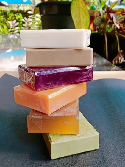 This stack shows the different natural colours of my soaps, from the deep purple of Red Wine to the gentle green of Neem. No artificial colours are ever used.