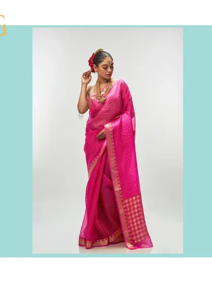 A full-length view of the vivid cerise saree, a perfect choice for making a bold and elegant statement.