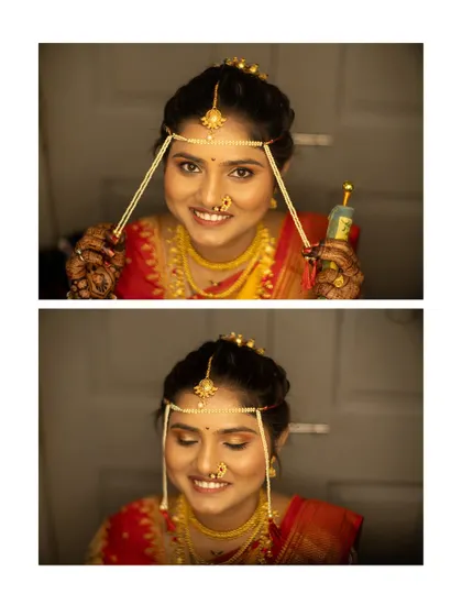 A pair of close-up bridal portraits showing the bride's happy smile and serene expression on her wedding day.