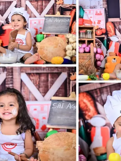 A collage of a little chef theme, showing the baby in various playful and messy poses.
