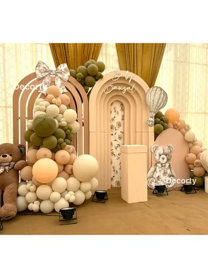 A beautiful shot of the teddy bear party backdrop, highlighting the soft colors and whimsical elements.