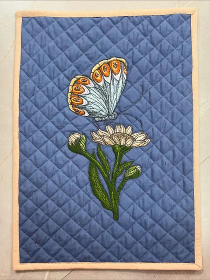 Another placemat from the same set, this one featuring a butterfly and a flower.