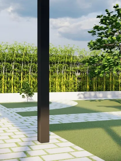 This 3D view highlights the proposed planting, including a bamboo privacy screen and a feature tree.