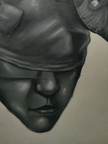 A detailed view of the third character, whose eyes are covered. Each face in the "STATES OF MIND" project was painted using a different technique to practice and showcase my range in realism.