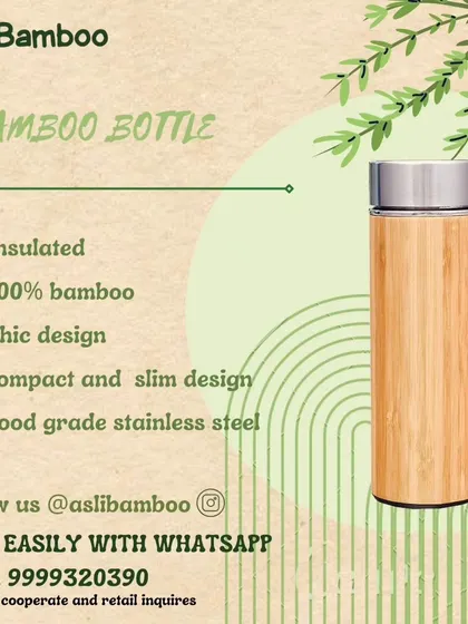 This graphic highlights the key features of our bamboo bottle: insulated, 100% bamboo exterior, chic design, and food-grade stainless steel. It's a simple, effective way to communicate the product's value.
