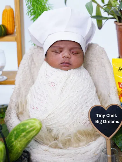 A close-up of our tiny chef, "born to cook." The little details, like the chef's hat and the chalkboard sign, make the theme complete.