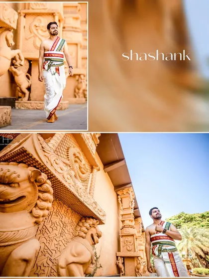 A collage of the groom, Shashank, in his traditional wedding dhoti, set against temple-like architecture.