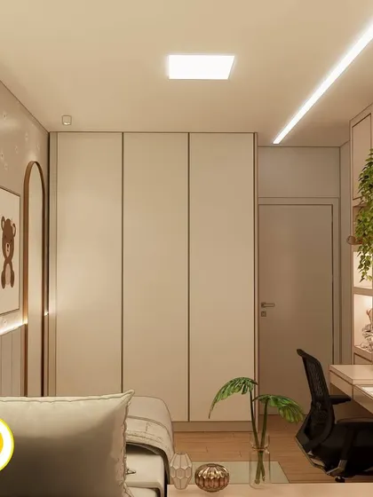 A bedroom with a dedicated study area, featuring a desk, chair, and built-in storage. The bear-themed art adds a cute touch.