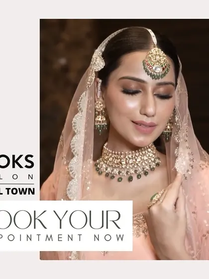 This graphic showcases one of our signature soft bridal looks. The makeup is subtle yet defining, with an emphasis on glowing skin and gentle contouring, perfect for the bride who wants an elegant and understated look.