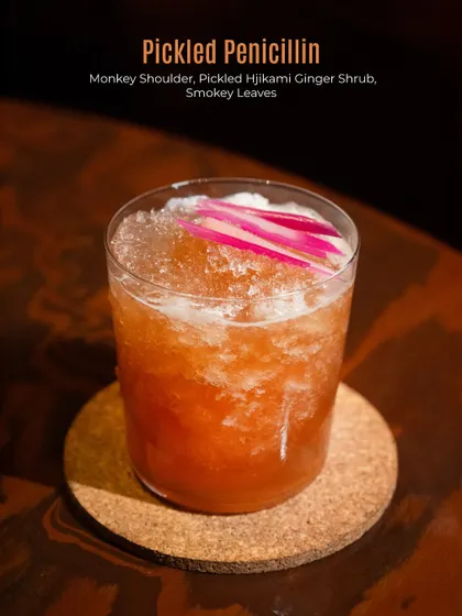 The Pickled Penicillin, a tangy and smoky cocktail with pickled ginger.