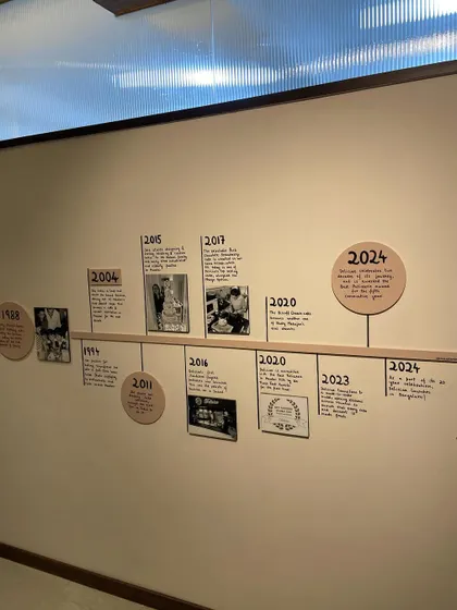 This timeline wall was created for the first Bangalore outlet of Deliciae Patisserie. It tells the story of their brand's journey through a combination of hand-lettering and mounted photographs, turning a simple wall into a narrative experience for their customers.
