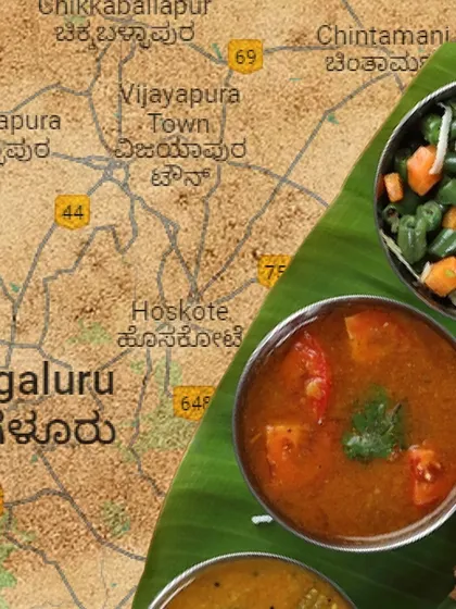 Our food is a map of flavours. This image overlays our dishes on a map of Bengaluru, symbolizing our deep roots in the city's culinary heritage.