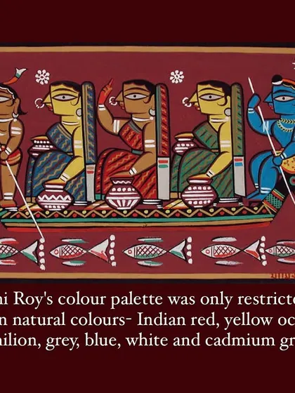 Jamini Roy's color palette was restricted to only seven natural colors, including Indian red, yellow ochre, and blue.