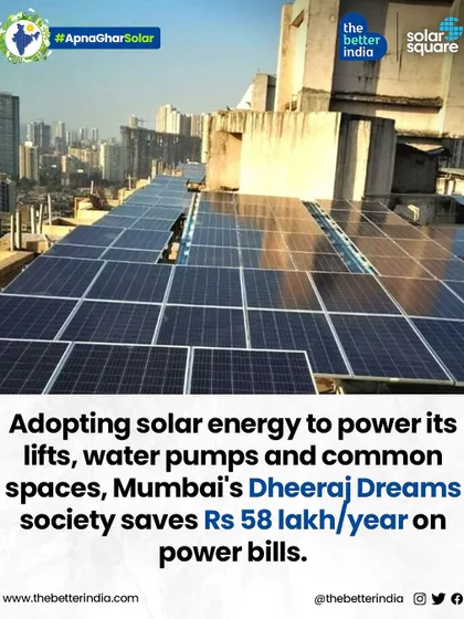 An infographic on Mumbai's Dheeraj Dreams society, which saves ₹58 lakh per year on power bills for common utilities.