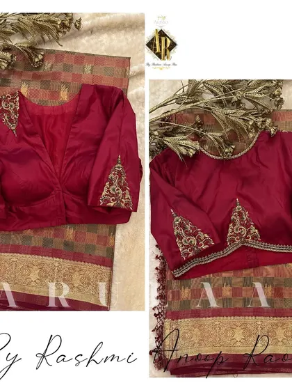 A deep maroon blouse with bell sleeves. The embroidery is placed at the end of the sleeves, creating a beautiful and elegant detail.