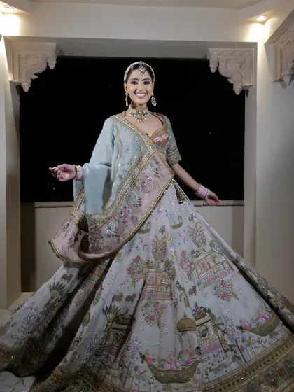 A royal bridal look featuring a Pichwai-inspired lehenga. The intricate cultural artwork on the fabric tells a story, making it a true heirloom piece.