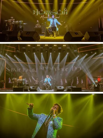 A collage of our performance for Berger Paints, showcasing the grand stage and the individual talents of our band members.