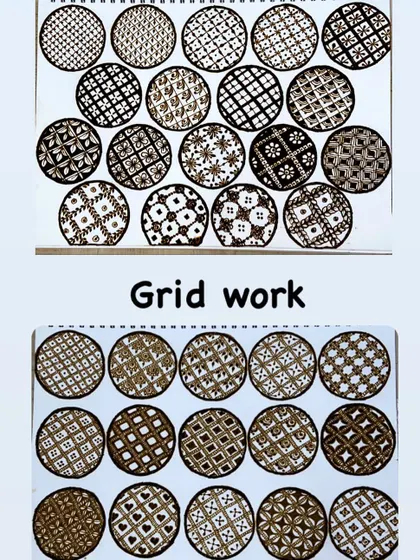 This shows my practice sheet for various 'Grid work' or 'Jaal' patterns. These intricate nets are a key element in many traditional Indian mehandi designs.