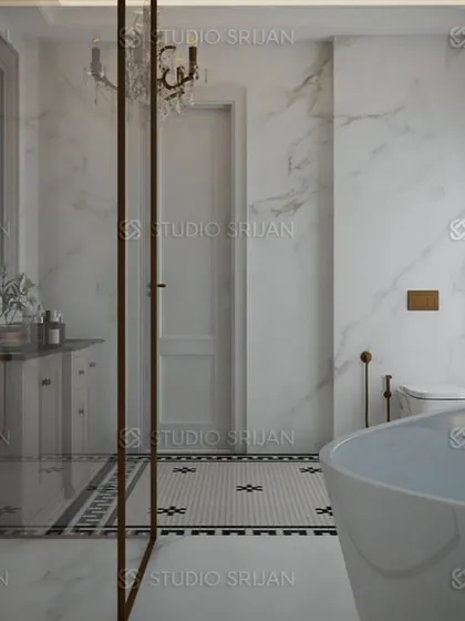 A perspective showing the spacious layout, with the freestanding tub and the glass shower enclosure creating a true spa-like experience at home.