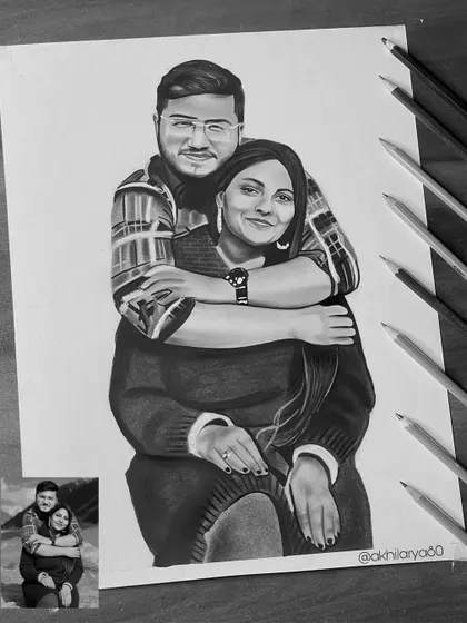A cozy and intimate moment captured in this A3 black and white sketch. The focus is on their embrace and happy expressions, creating a piece that radiates warmth and love.
