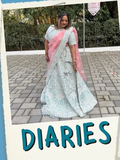 A collage from my client diaries featuring a beautiful light blue lehenga with pink details, a soft and pretty choice for a day function.