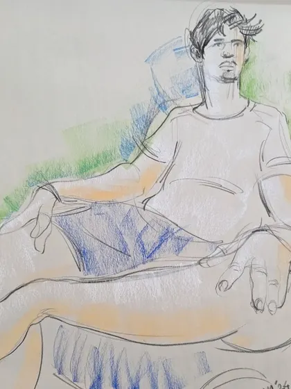 This is a quick live sketch I created using colored pencils and ink. These rapid studies are excellent practice for capturing a likeness and mood in a short amount of time.