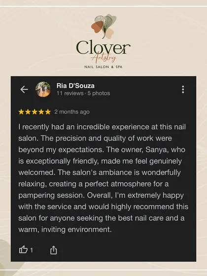 "The precision and quality of work were beyond my expectations." This review highlights our commitment to not just beautiful nail art, but also a warm, welcoming, and relaxing atmosphere for a perfect pampering session.