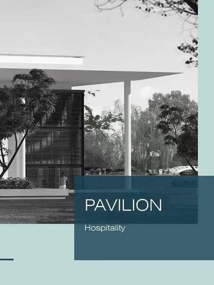 The 'Pavilion' project, designed as a contemporary public hub for community living. The design uses a clean, minimalist aesthetic with strong horizontal lines to create a welcoming retreat space.