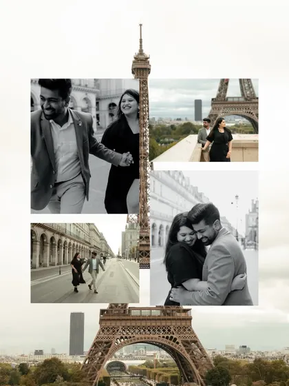 A creative collage that uses the Eiffel Tower as a frame for the couple's story, blending architecture with intimate black and white portraits.