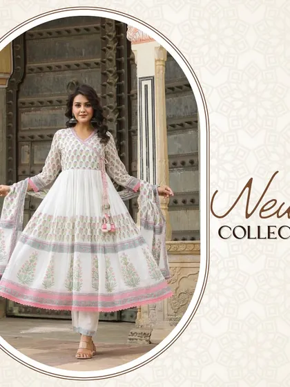 A styled shot of my white block-print Anarkali. It's a versatile piece that can be dressed up or down for any festive occasion.