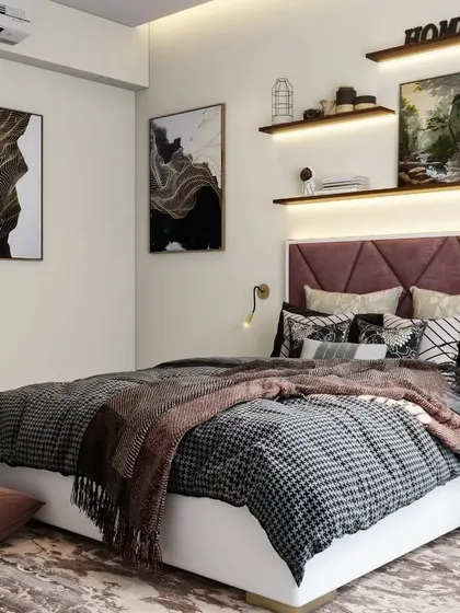 A duplicate of image 235, showcasing a cozy bedroom with a plum-colored headboard and backlit floating shelves.
