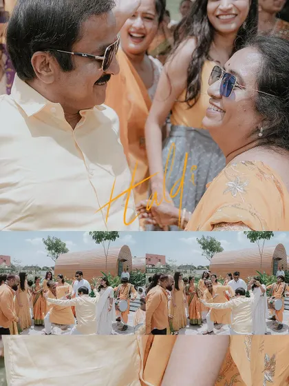 A collage capturing the happy and emotional moments between family members at a Haldi celebration.