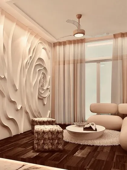 For this home lounge, we created a dramatic, large-scale 3D rose mural. The fluid, layered petals create a sense of movement and softness, turning the entire wall into a sculptural art installation.