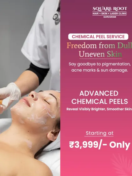 Our promotional graphic for the chemical peel service. It is an excellent way to achieve freedom from dullness, pigmentation, and acne marks for visibly brighter skin.