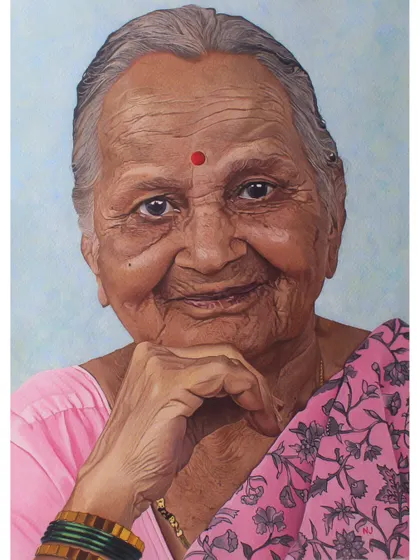 This was a special commission portrait of a client's 'Aai' (mother). I worked with acrylics on watercolour paper to create a lasting memory. Creating personalized family artwork that holds so much emotional value is one of the most rewarding parts of what I do.