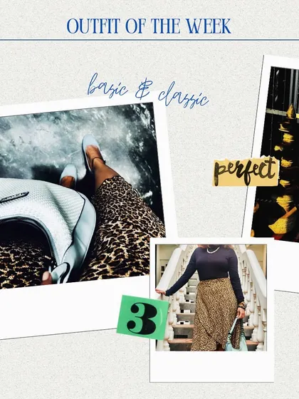 This collage highlights the details of a perfect fall outfit. The leopard print skirt and powder blue accessories are basic and classic on their own, but together they create a look that feels fresh and intentional.