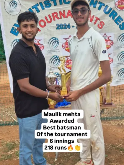 Maulik Mehta receiving the Best Batsman of the Tournament award at the EV Cup, a testament to his consistent scoring.