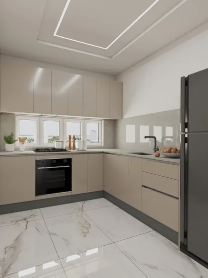 This 3D design demonstrates how a luxurious and modern L-shaped kitchen can be achieved in a standard apartment layout. The design features glossy beige acrylic shutters, a built-in oven, and a black granite sink.