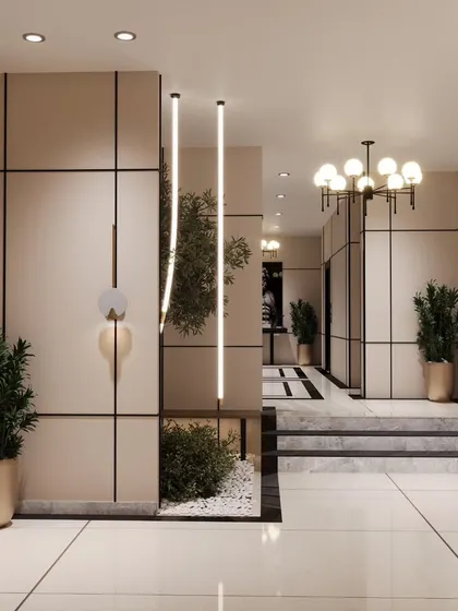 This perspective highlights the use of vertical LED strip lights as a design feature, drawing the eye upwards and complementing the indoor greenery. It's a great example of how lighting can be both functional and sculptural.