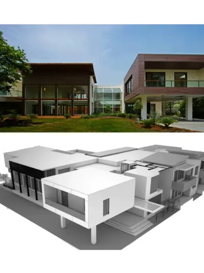 Spanning 20,000 sq ft on a 2.5-acre site, the Sachdeva Farmhouse is a mansion inspired by tropical architecture. This comparison of the 3D model and the final photograph shows how the design ensures every space enjoys views of the pool or lawns.
