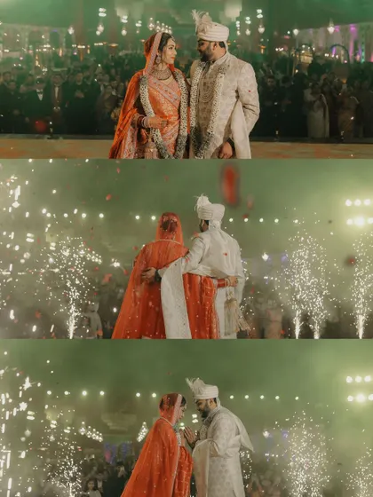 A sequence of the Varmala ceremony on a grand stage, with the couple framed by dramatic sparklers, capturing the scale and excitement of the moment.