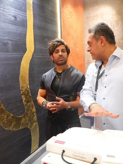A moment of shared inspiration as our founder discusses the intricate details of our wallcovering collections with Yash Birla at our Ajio Luxe Weekend booth.